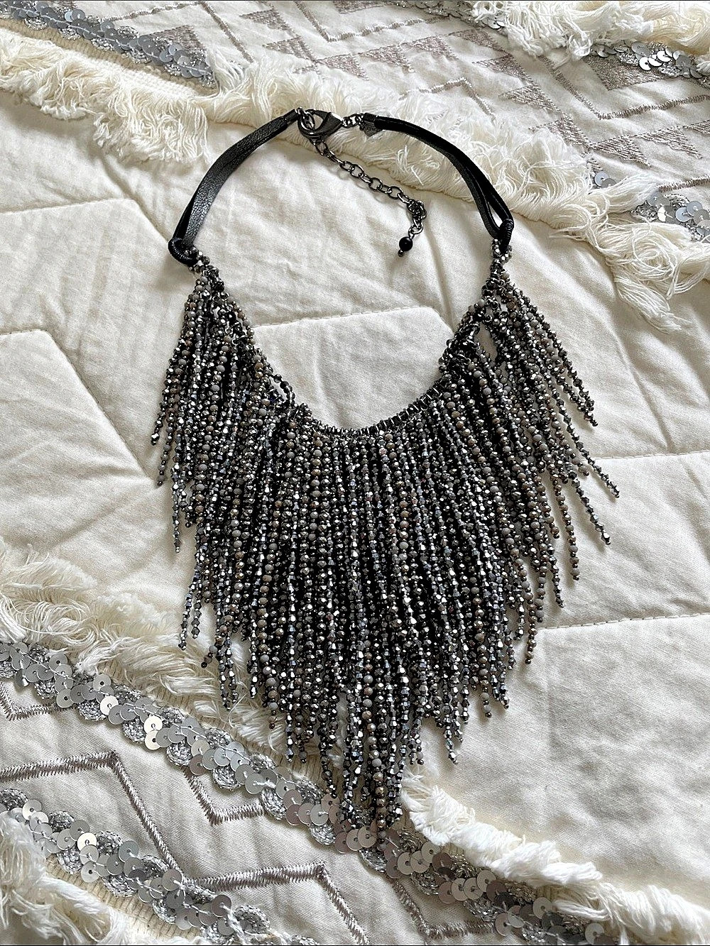 Chico’s Silver, Black & Soft Pink Fringe Statement Necklace Like New